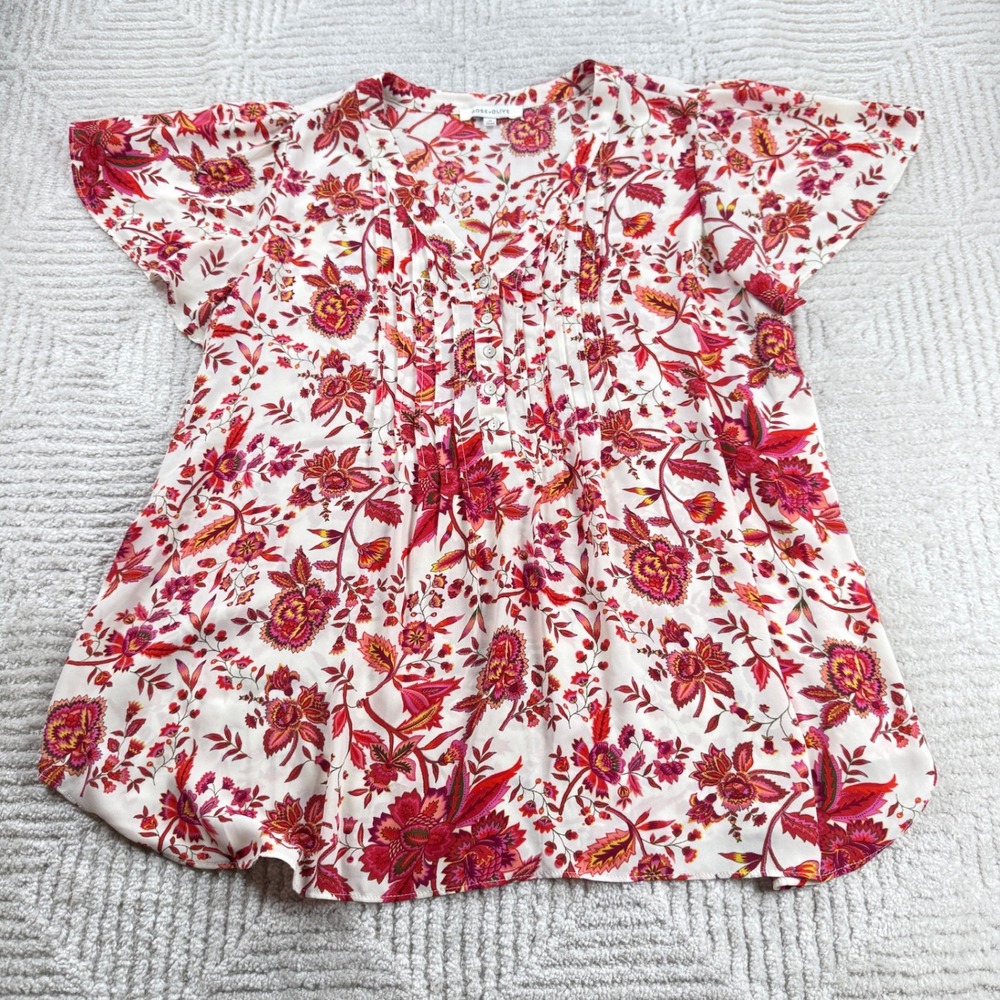 Rose + Olive Floral Paisley Pintuck Blouse Womens 1X Red Pink Boho Flutter Boho